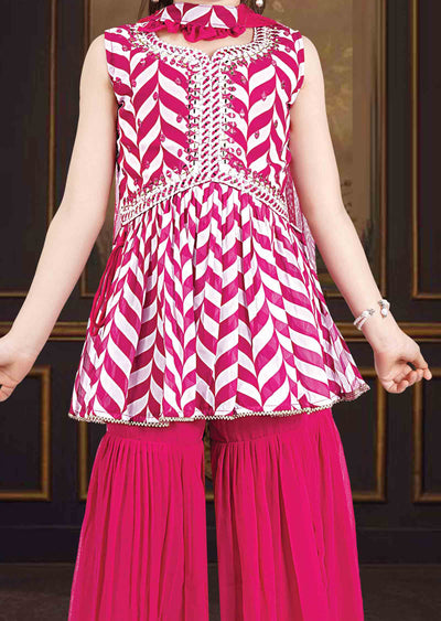 Rani Pink & Off White Georgette Printed Alia cut Kids Gharara