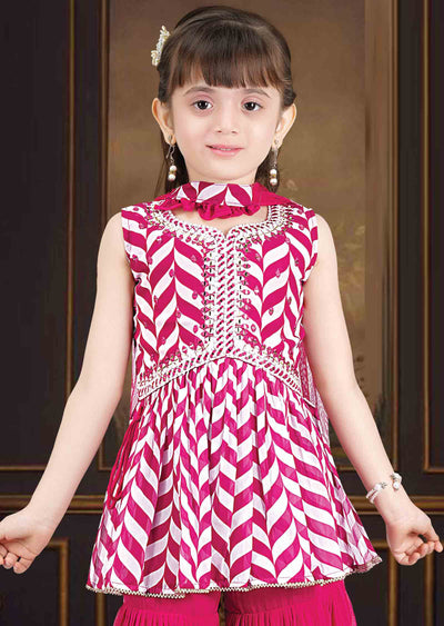 Rani Pink & Off White Georgette Printed Alia cut Kids Gharara