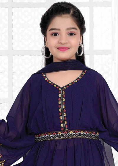 Navy Blue Georgette Resham Work Kids Palazzo Set