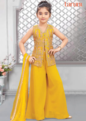 Yellow Silk & Georgette Resham Work Kids Palazzo Set