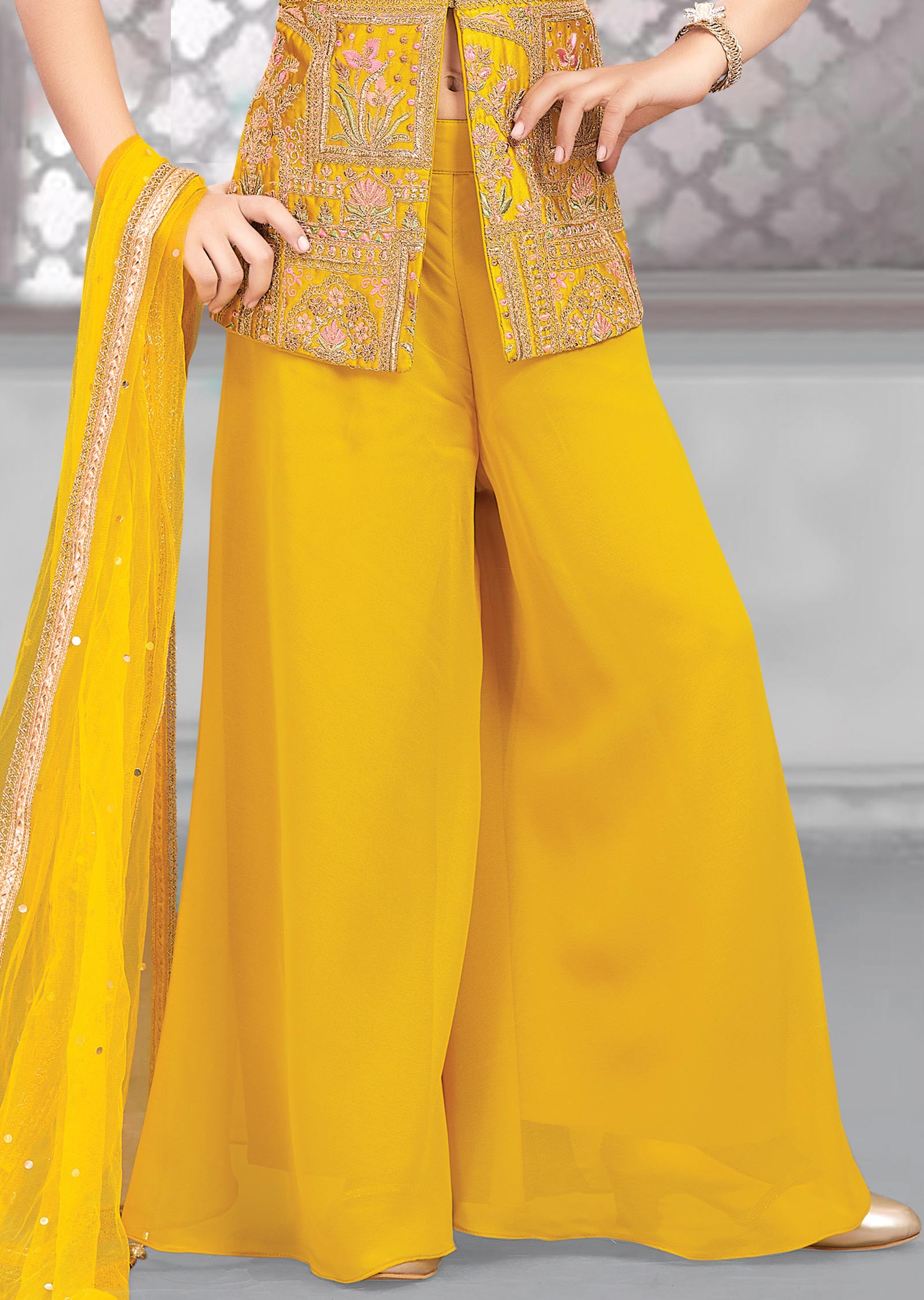 Yellow Silk & Georgette Kids Palazzo Set