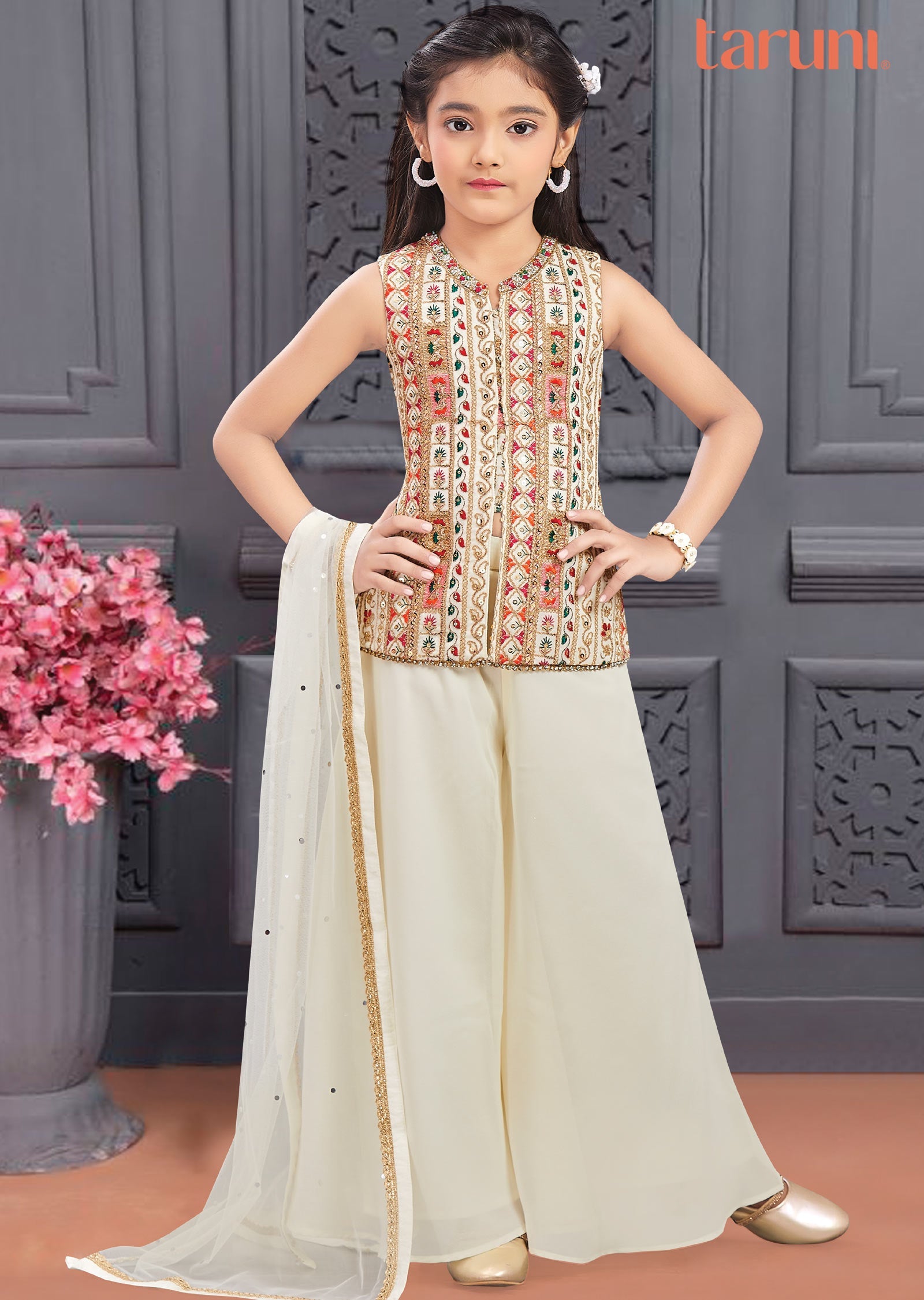 Cream Georgette Kids Shararas Ghararas