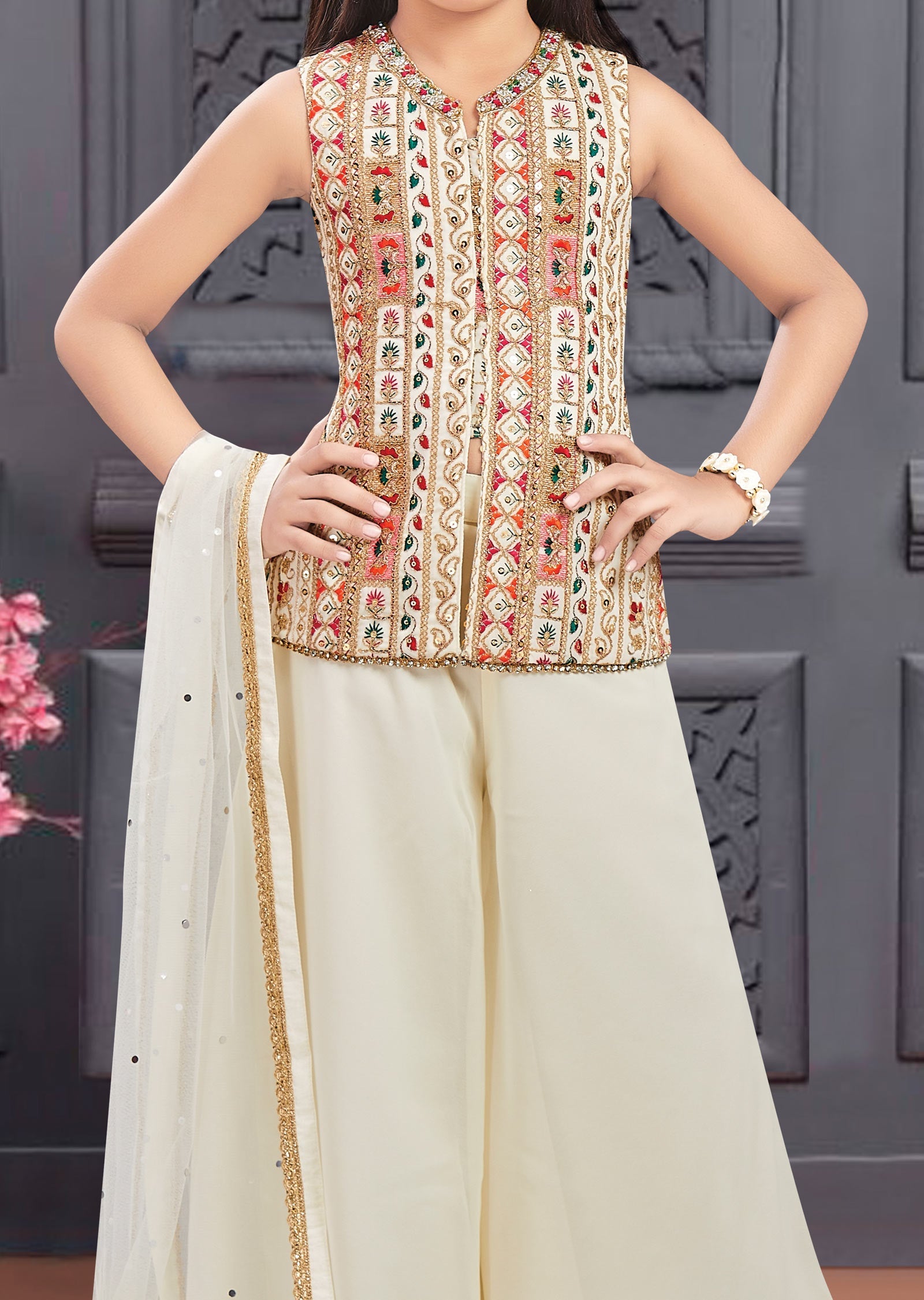 Cream Georgette Kids Shararas Ghararas