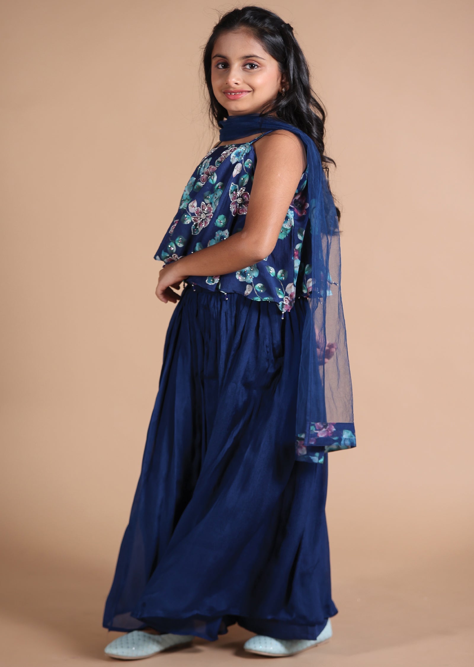 Navy Blue Chinnon Kids Shararas Ghararas