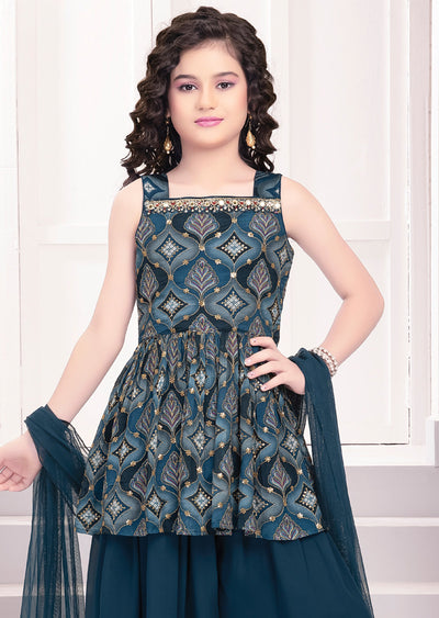 Teal Blue Chinnon & Georgette Sharara Dress for Kids