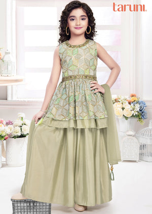 Light Pista Green Chinnon Sharara Set for Kids