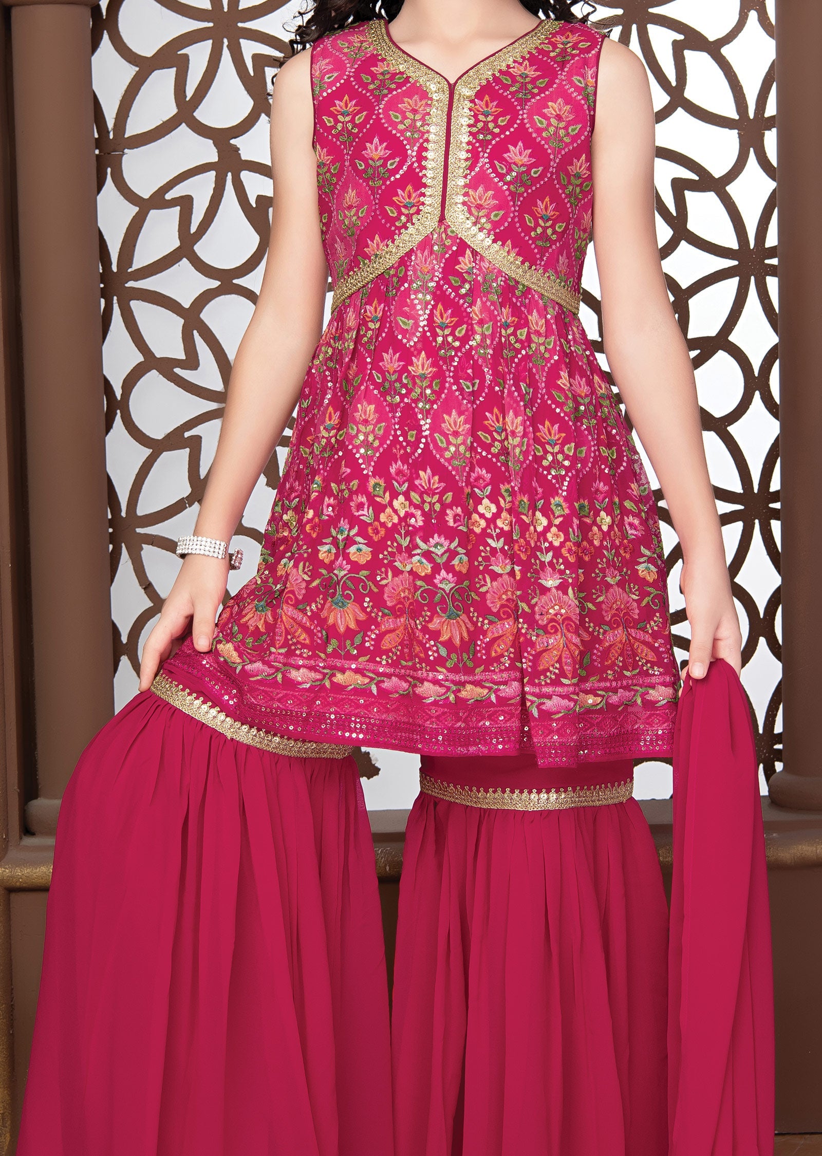 Rani Pink Georgette Kids Shararas Ghararas