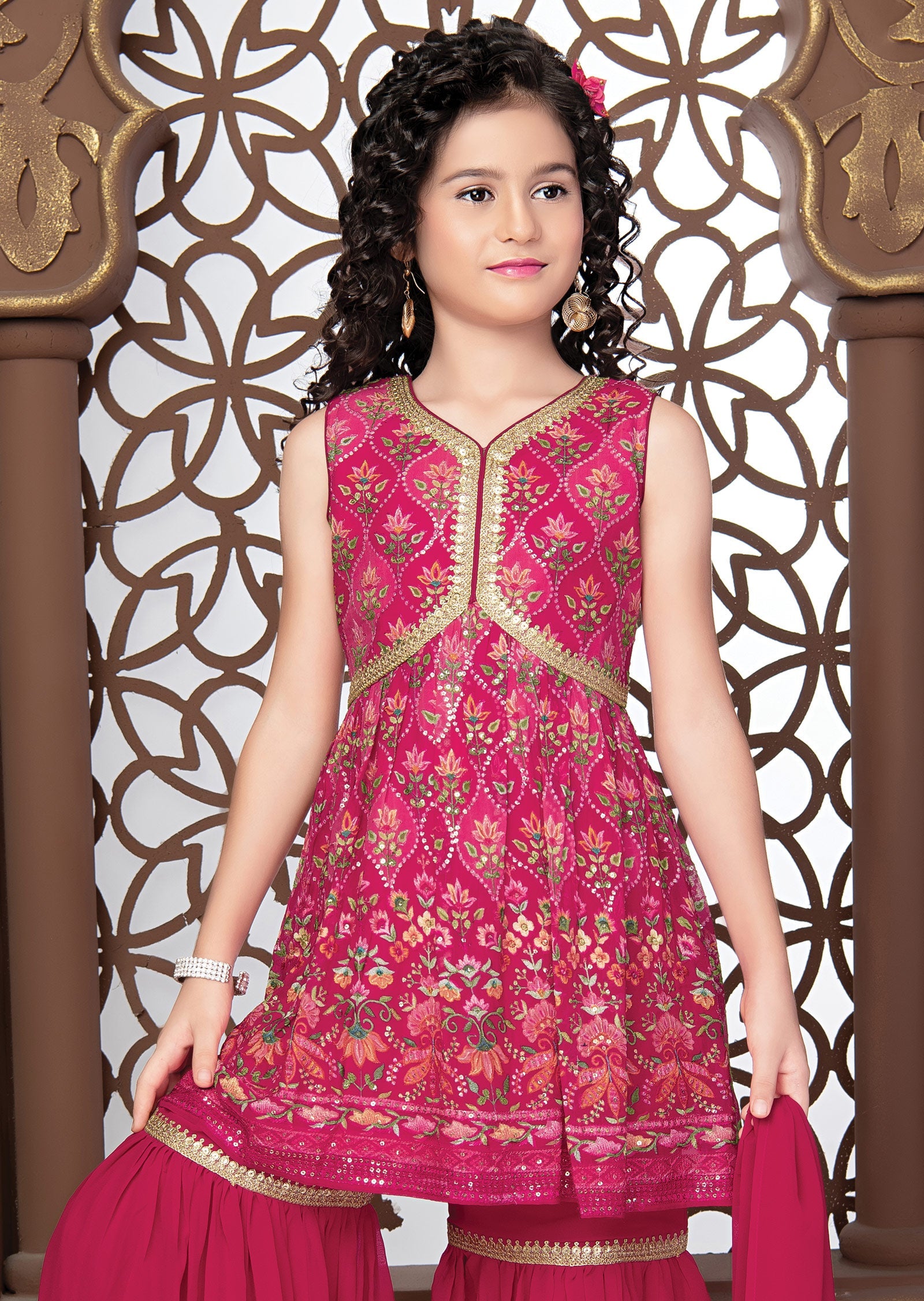 Rani Pink Georgette Kids Shararas Ghararas