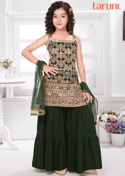 Olive Green Georgette Kids Shararas Ghararas