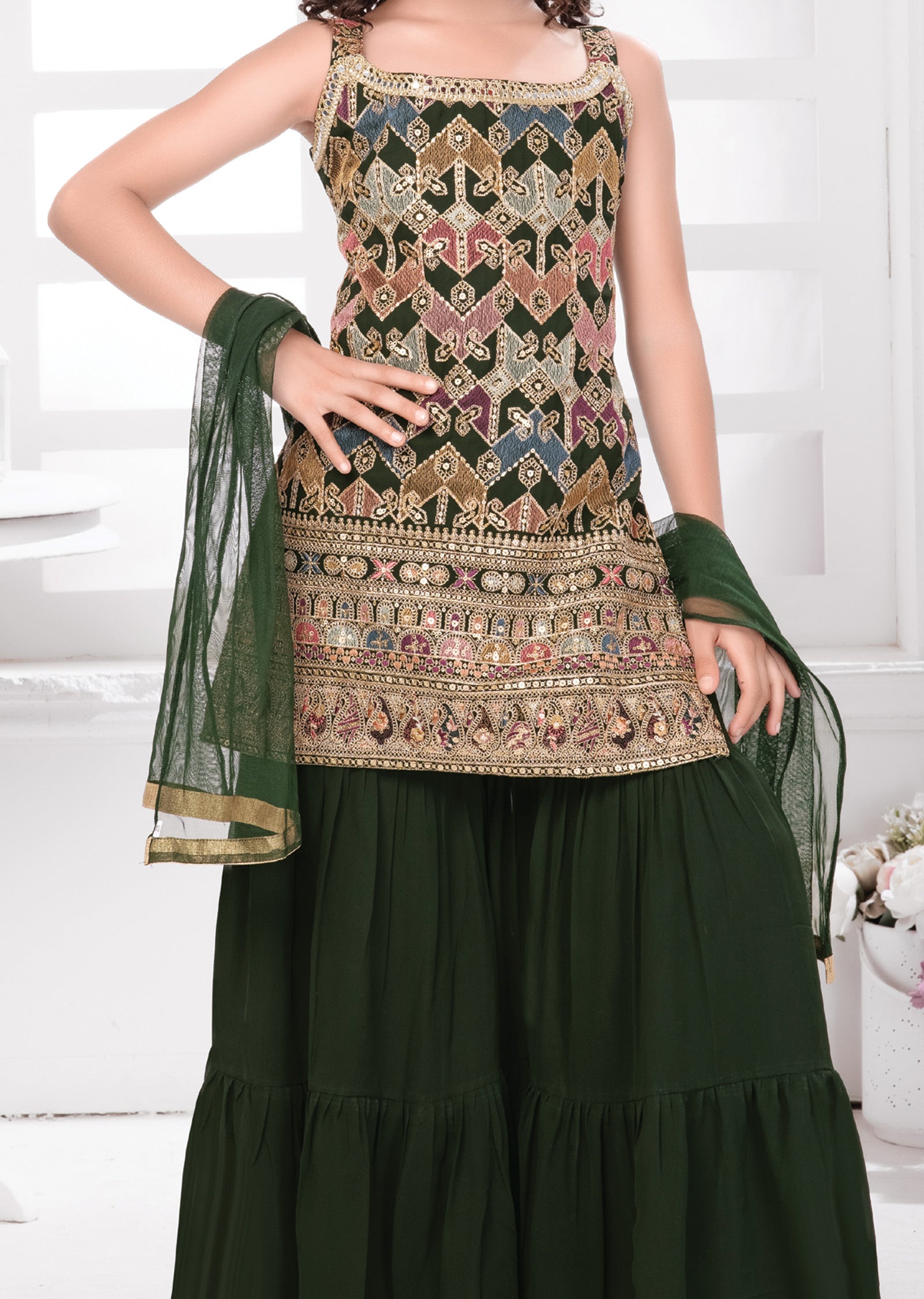 Olive Green Georgette Kids Shararas Ghararas