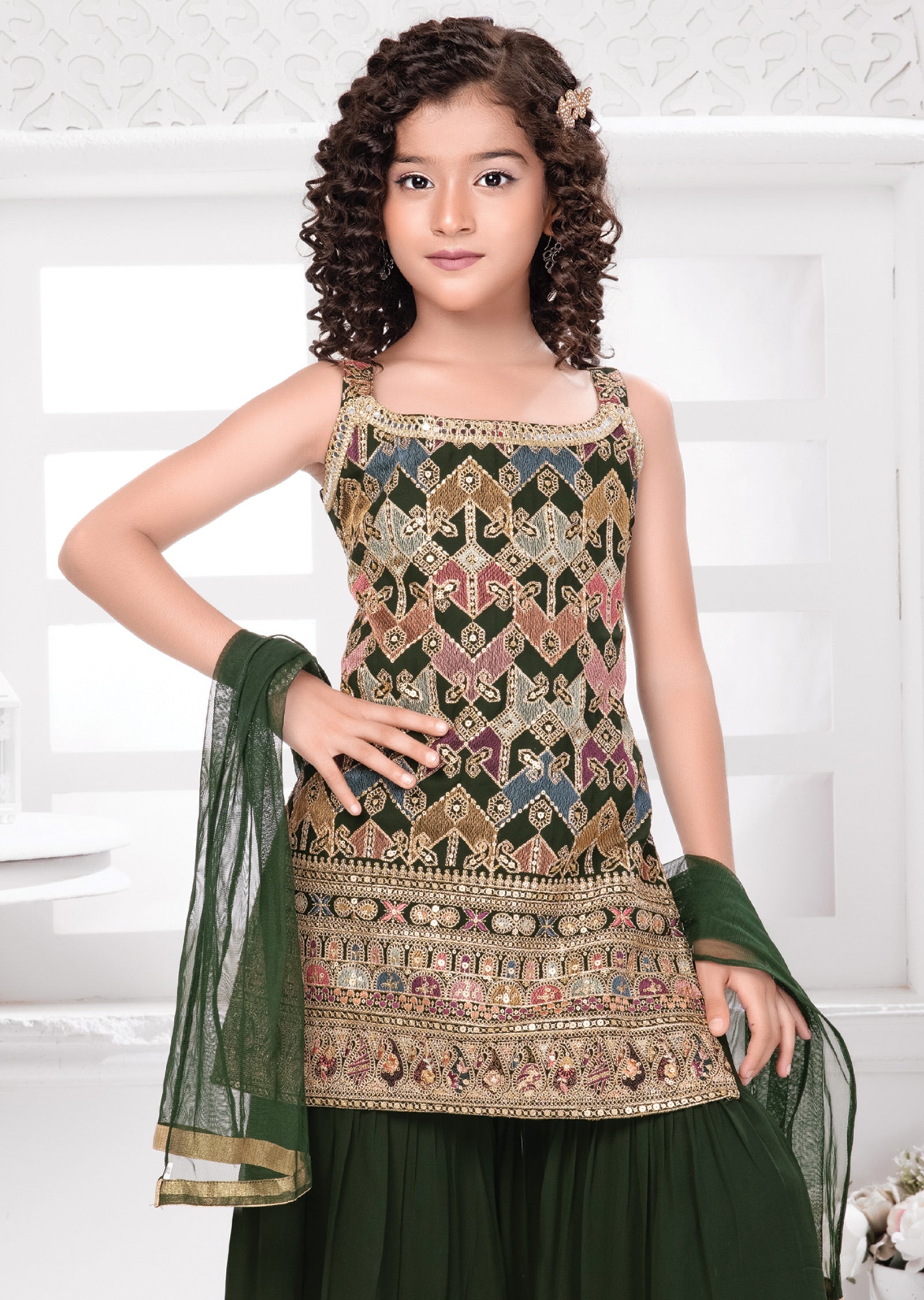 Olive Green Georgette Kids Shararas Ghararas