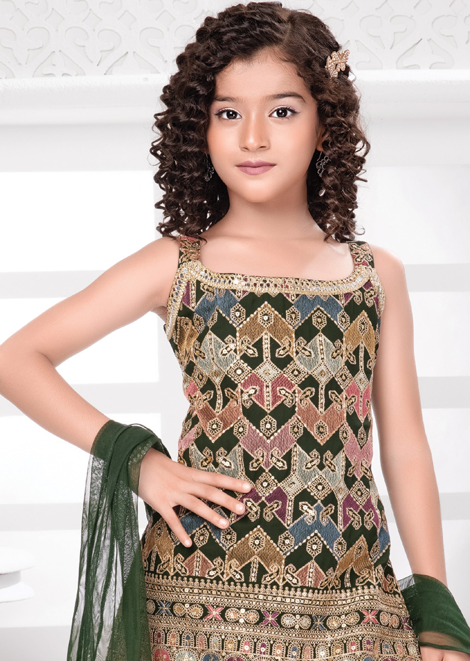 Olive Green Georgette Kids Shararas Ghararas