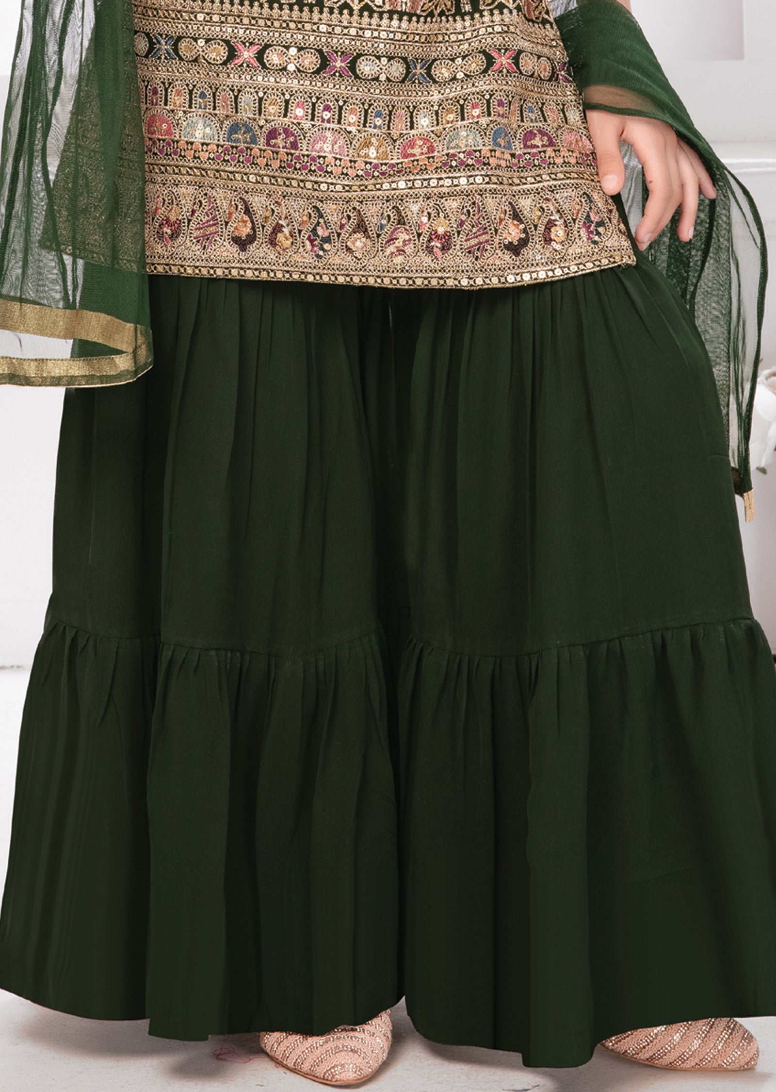 Olive Green Georgette Kids Shararas Ghararas