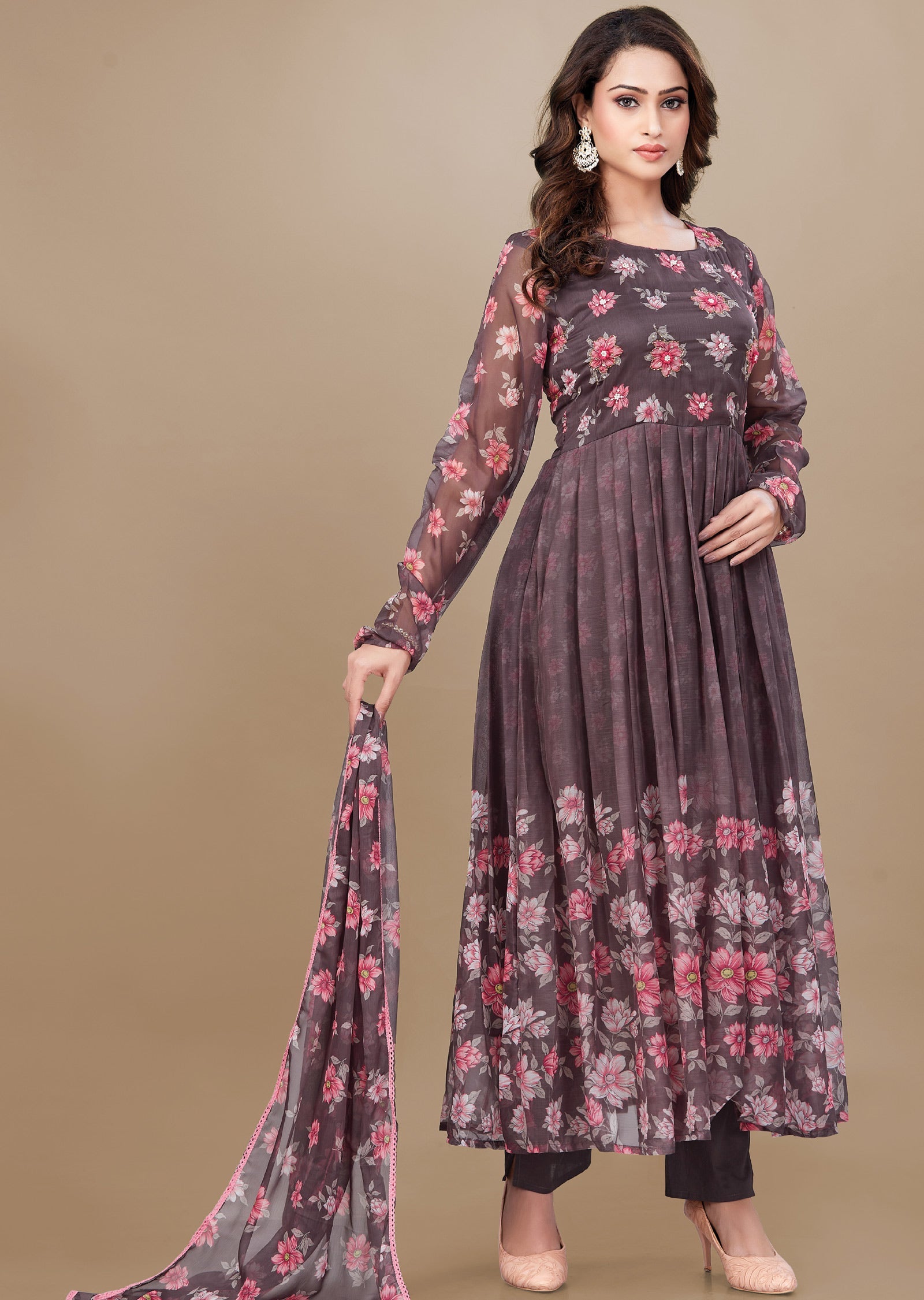 Brown Chiffon Anarkali