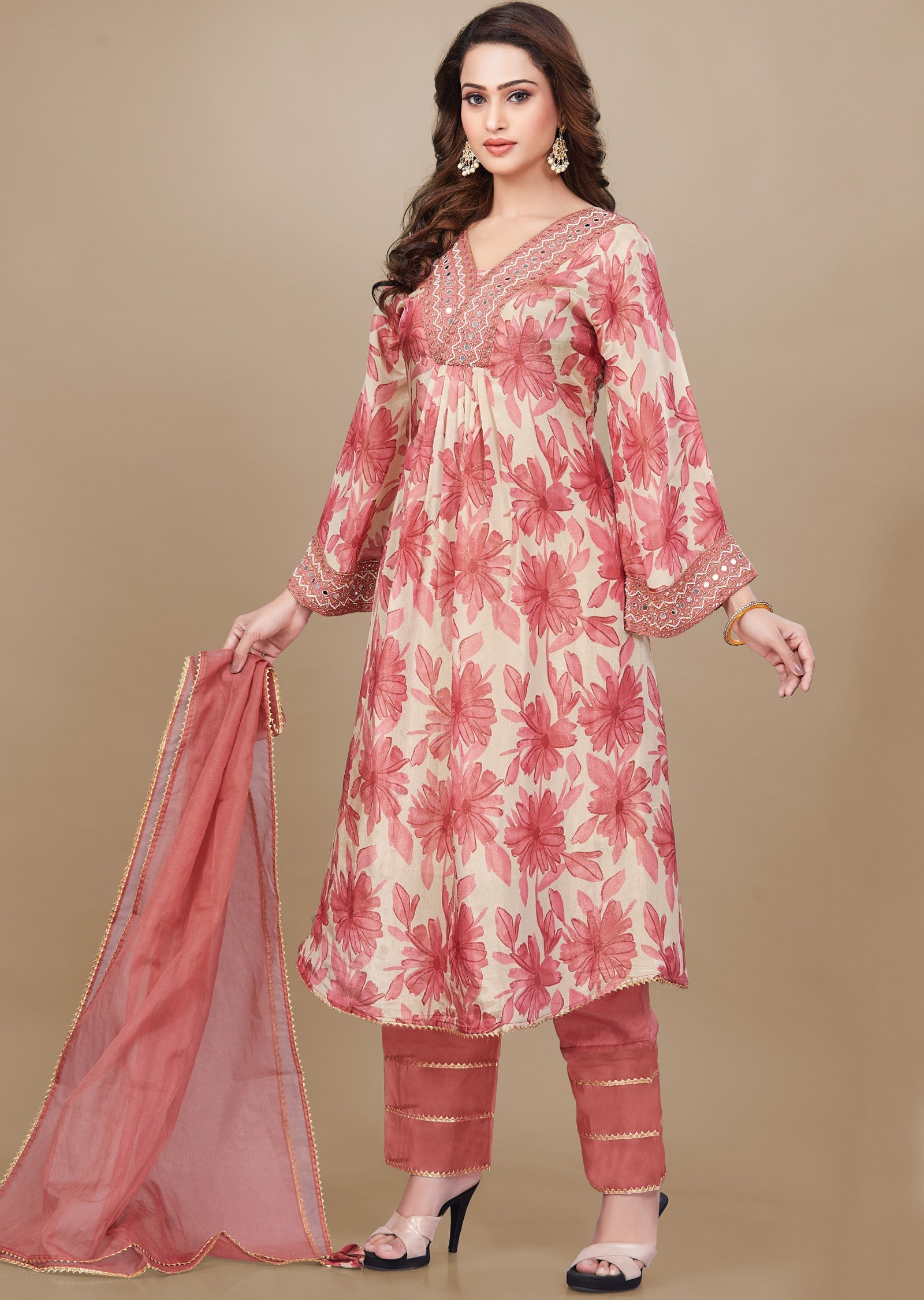 Onion Pink & Beige Tissue Silk Anarkali