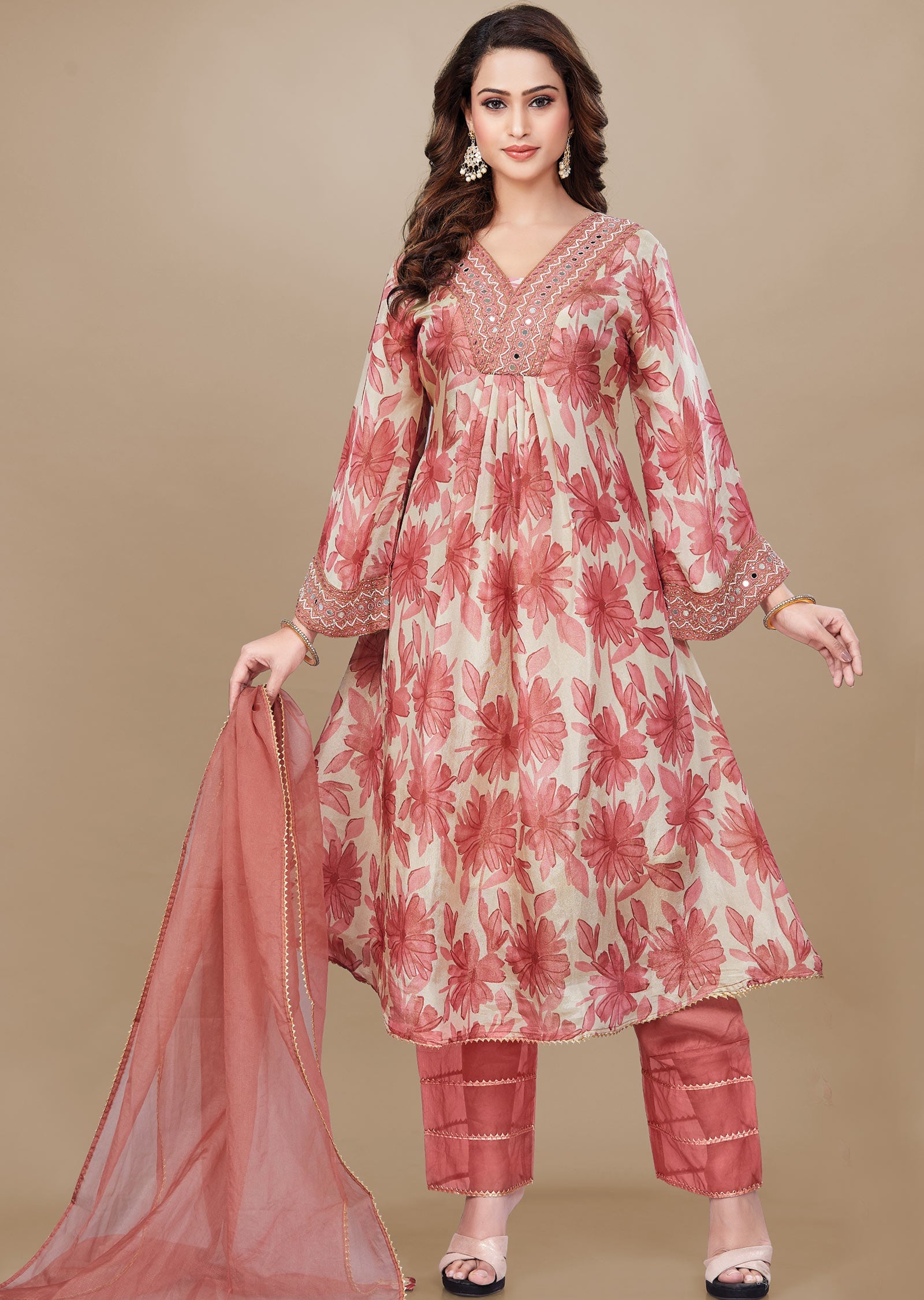 Onion Pink & Beige Tissue Silk Anarkali