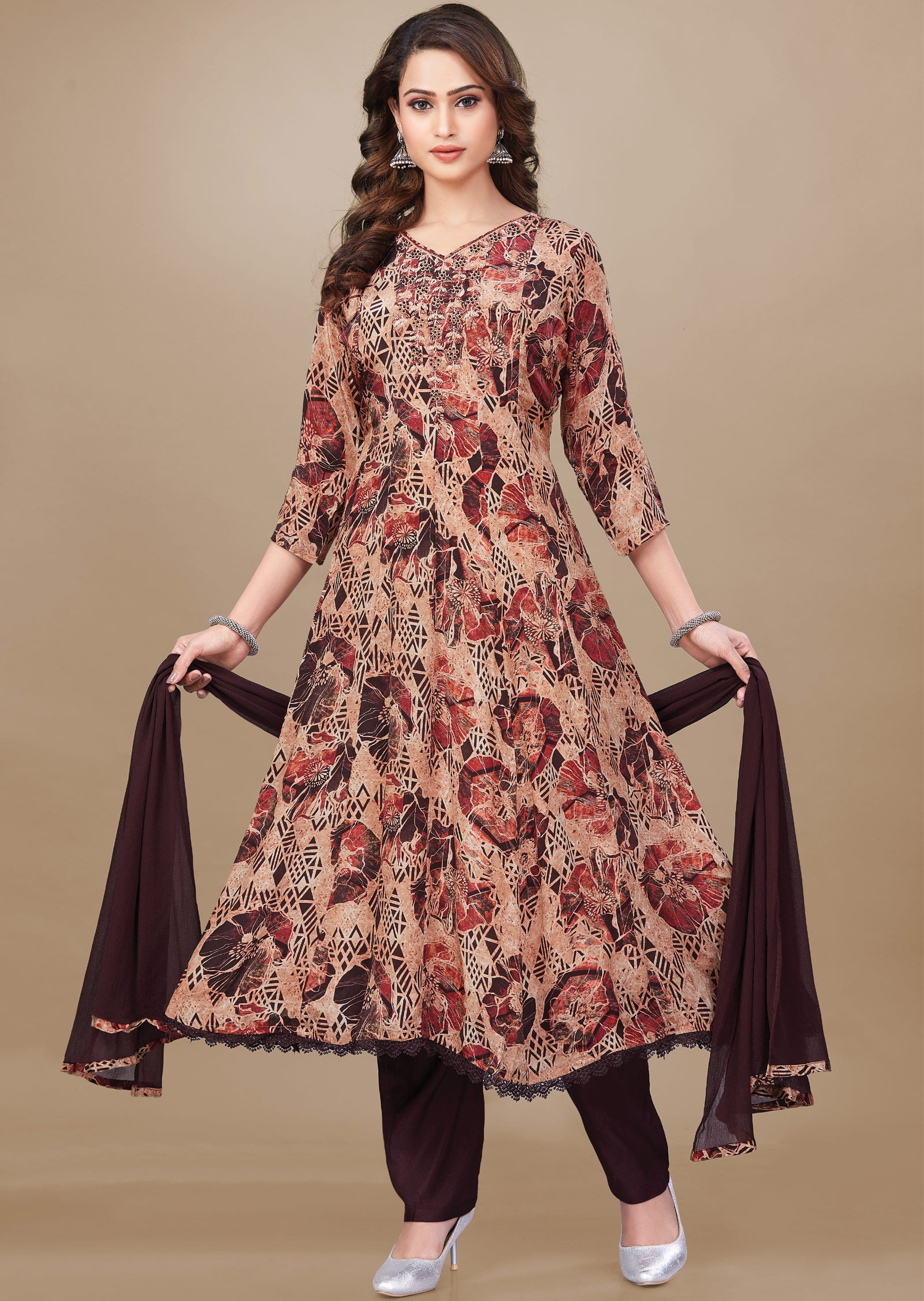 Peach & Brown Crepe Anarkali