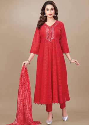 Red Crosia Net Anarkali