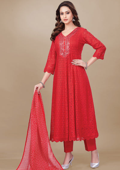 Red Crosia Net Anarkali