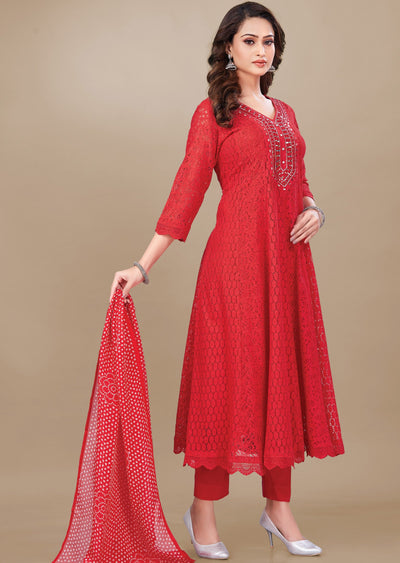 Red Crosia Net Anarkali