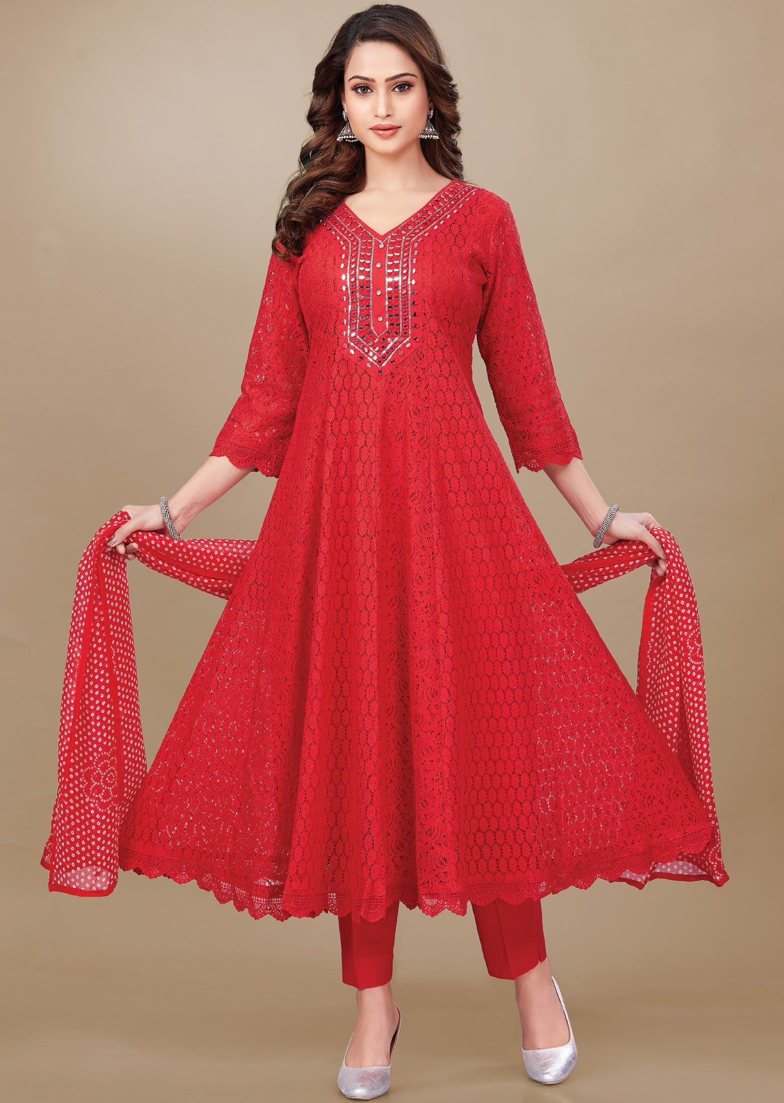 Red Crosia Net Anarkali