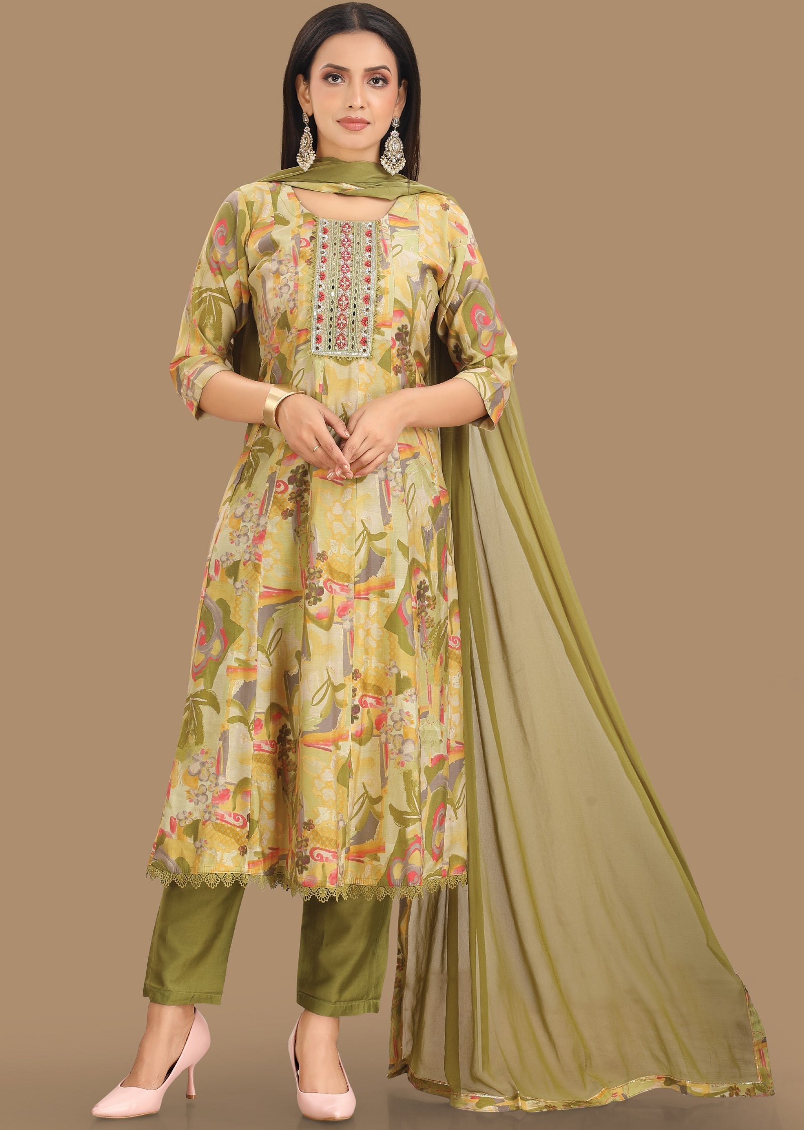 Mehendi Green Dola Silk Anarkali