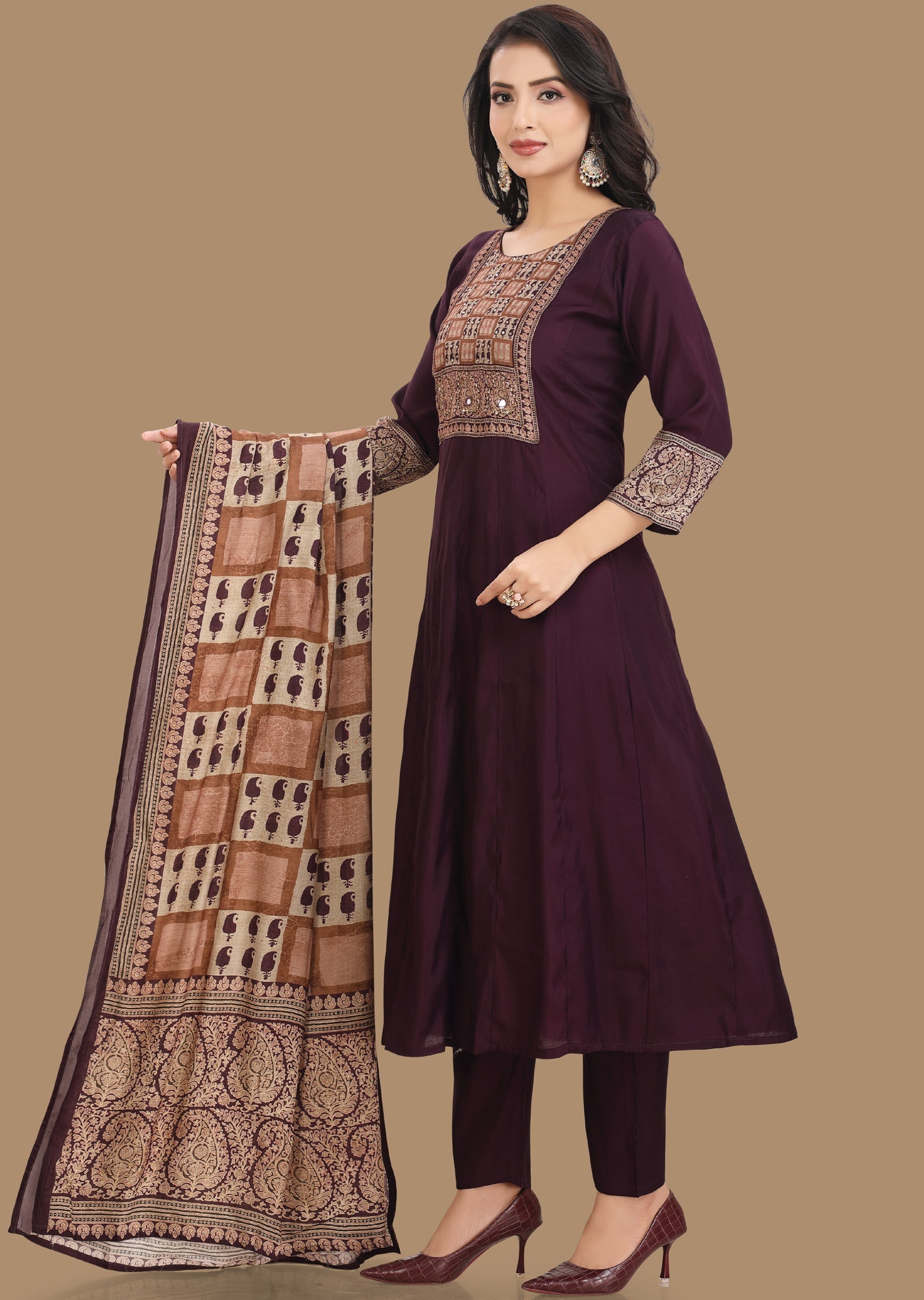 Wine Russian Silk Anarkali