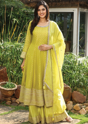 Lime Green Banaras Tissue Silk Anarkali