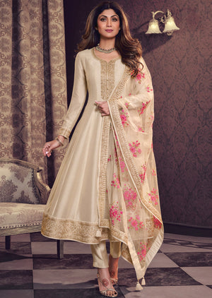 Beige Soft Silk Anarkali Suit