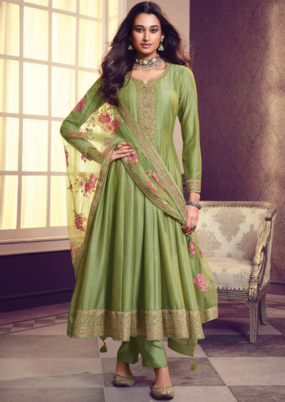 Mehendi Green Soft Silk Anarkali Suit