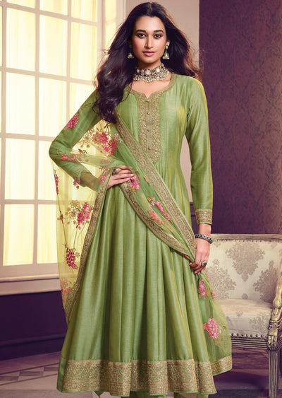 Mehendi Green Soft Silk Anarkali Suit