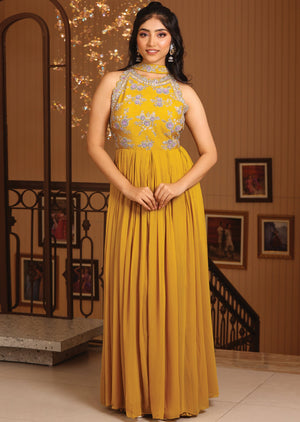 Dark Mustard Silk & Georgette Anarkali Suit