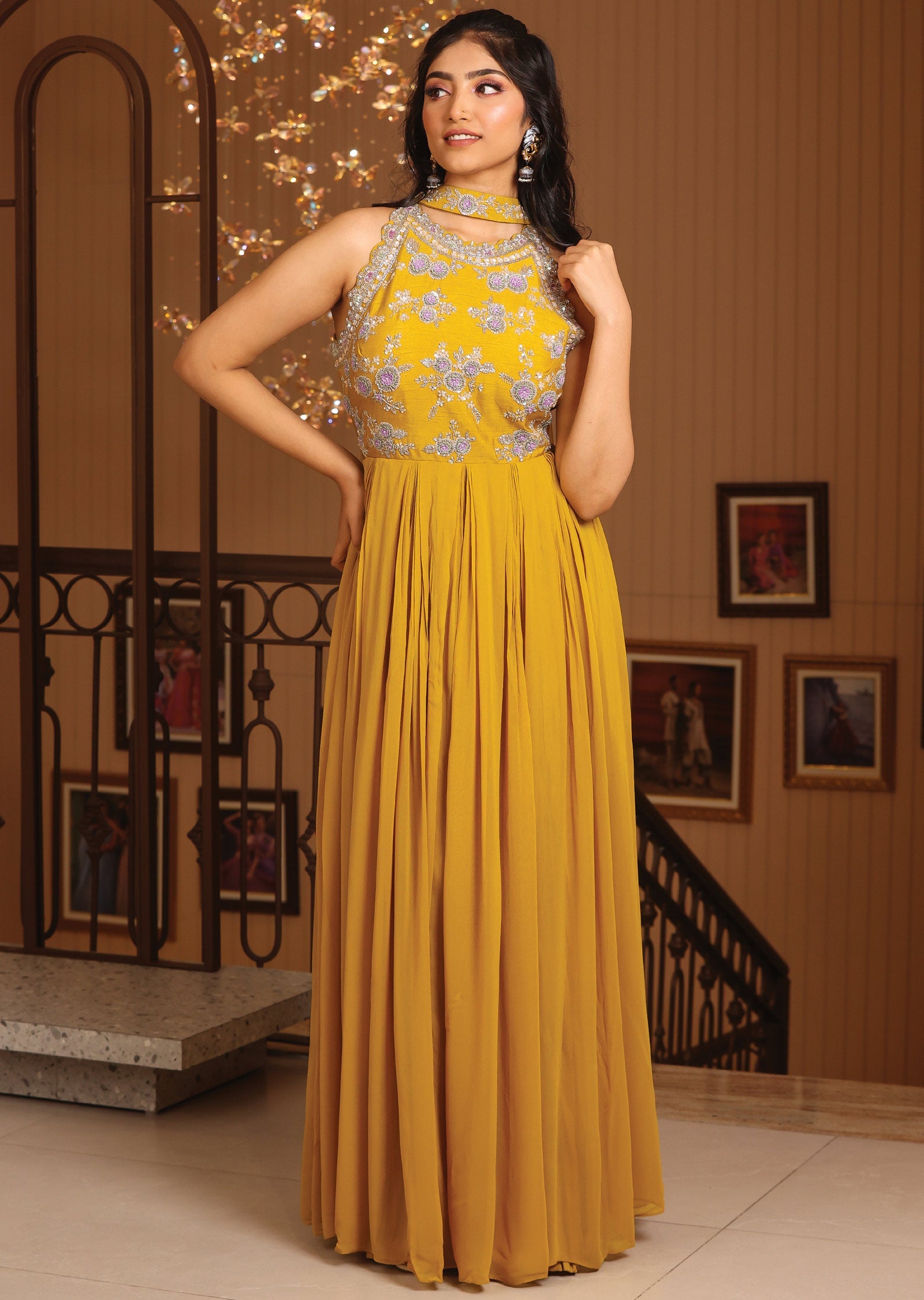 Dark Mustard Silk & Georgette Anarkali Suit