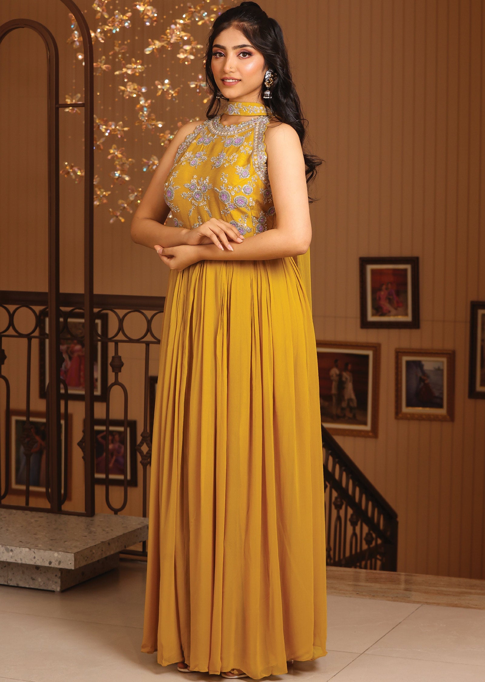 Dark Mustard Silk & Georgette Anarkali Suit