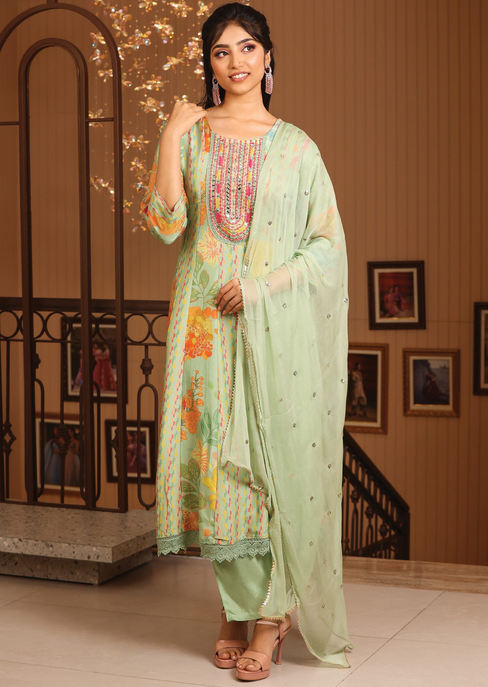 Light Green Shimmer Modal Anarkali Suit