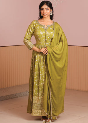 Mehendi Green Banaras Tissue Silk Anarkali Suit