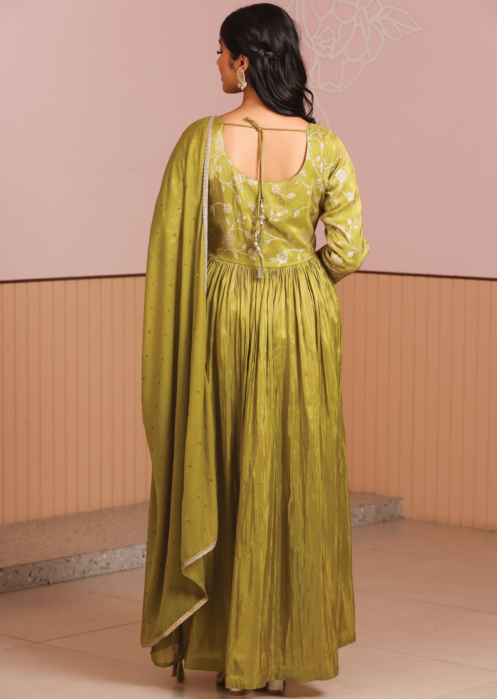 Mehendi Green Banaras Tissue Silk Anarkali Suit