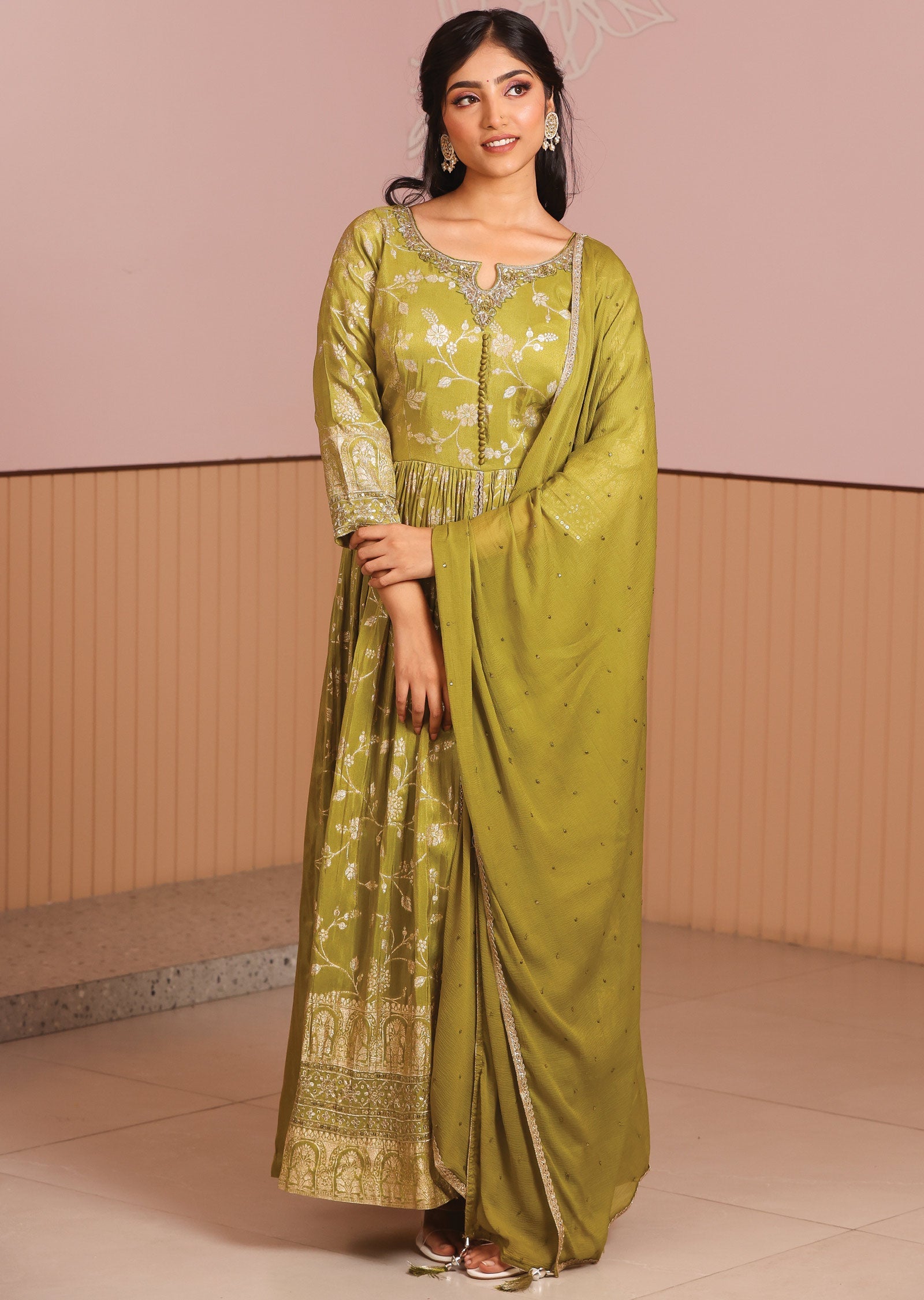 Mehendi Green Banaras Tissue Silk Anarkali Suit