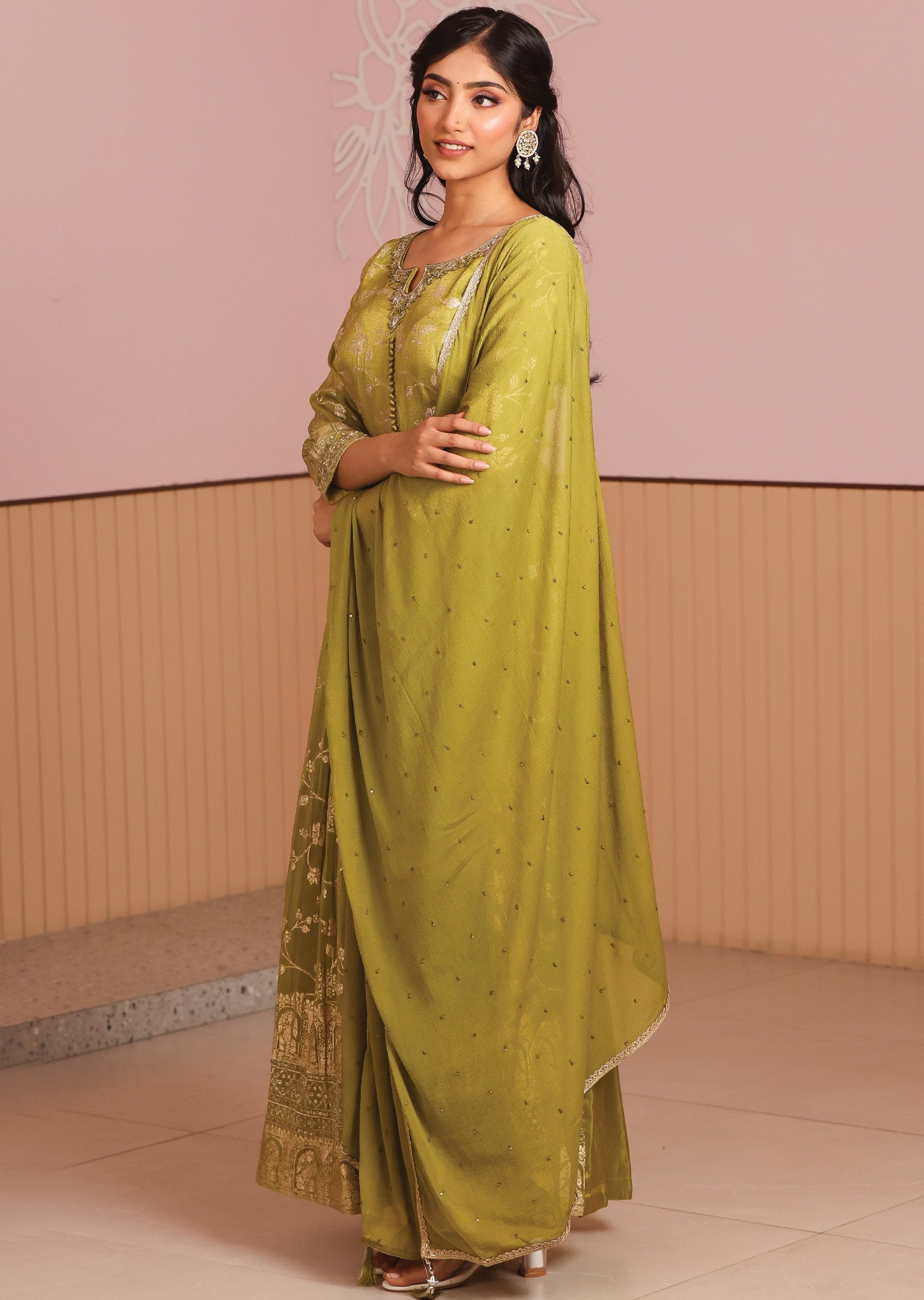 Mehendi Green Banaras Tissue Silk Anarkali Suit