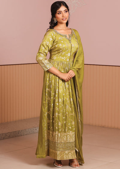 Mehendi Green Banaras Tissue Silk Anarkali Suit