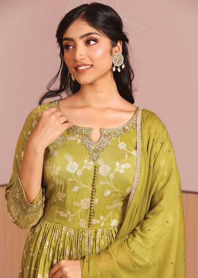 Mehendi Green Banaras Tissue Silk Anarkali Suit