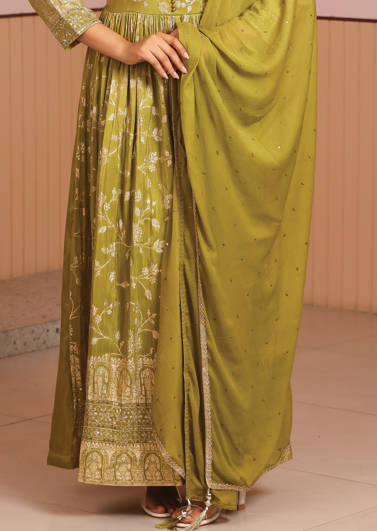 Mehendi Green Banaras Tissue Silk Anarkali Suit