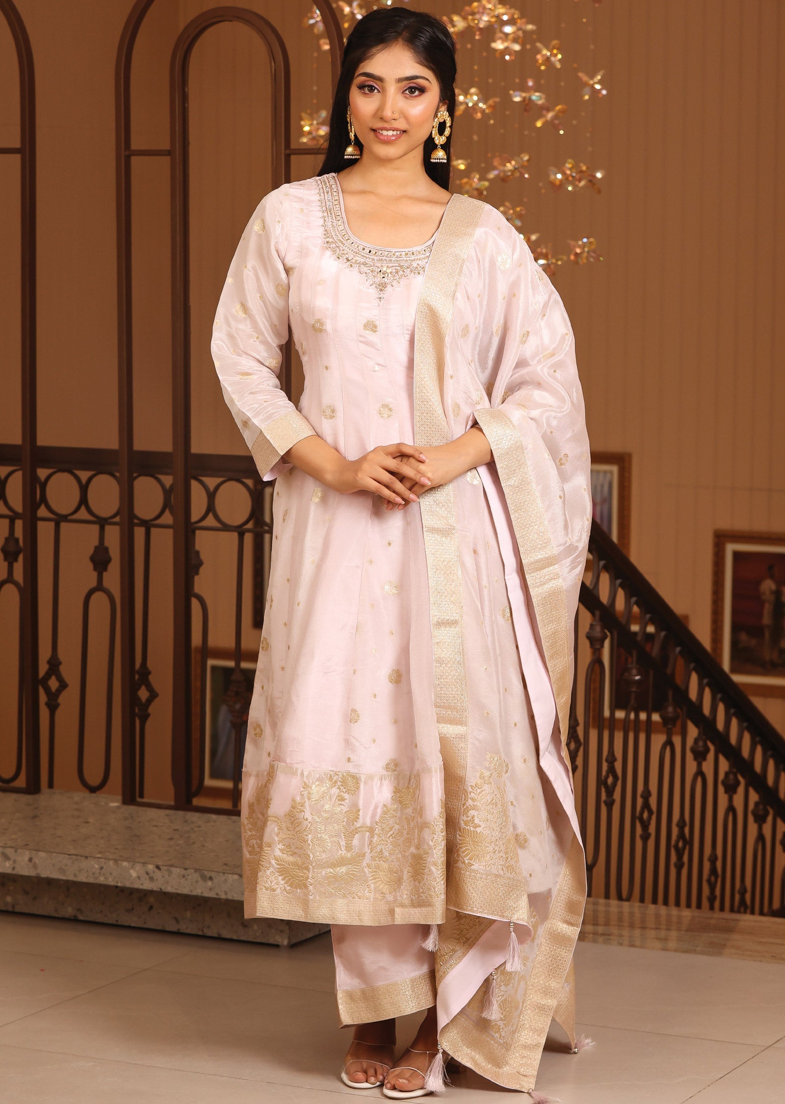 Baby Pink Banaras Silk Anarkali Suit