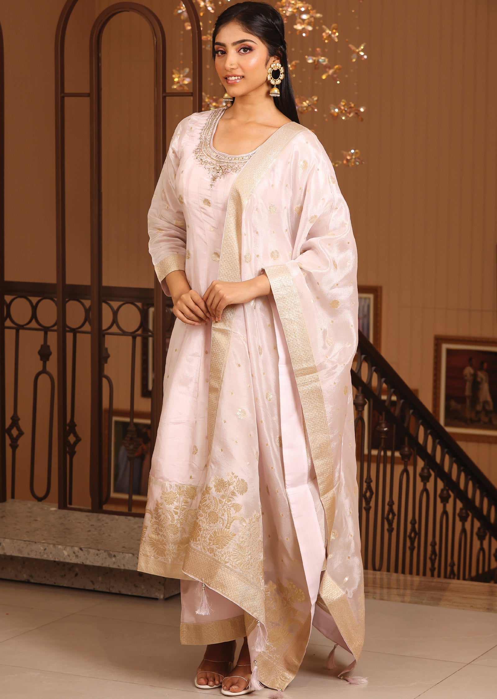 Baby Pink Banaras Silk Anarkali Suit