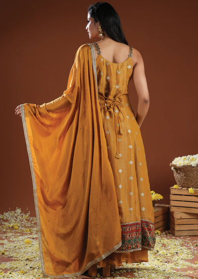 Mustard Tissue Silk & Chinon Anarkali Suit