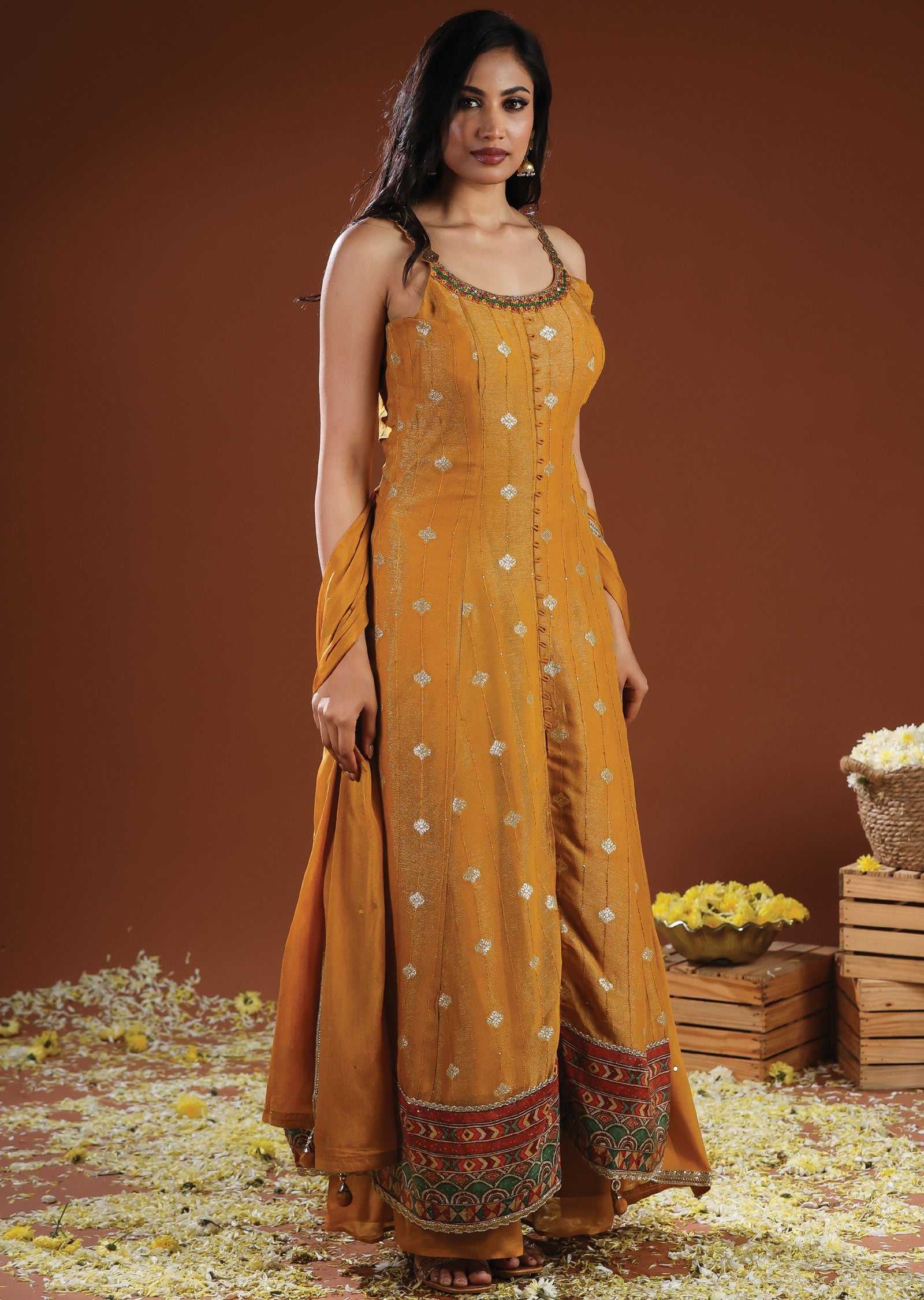 Mustard Tissue Silk & Chinon Anarkali Suit