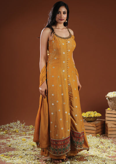 Mustard Tissue Silk & Chinon Anarkali Suit