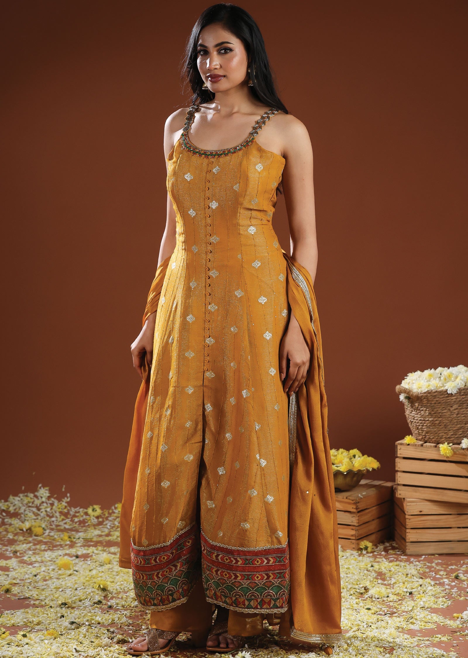 Mustard Tissue Silk & Chinon Anarkali Suit