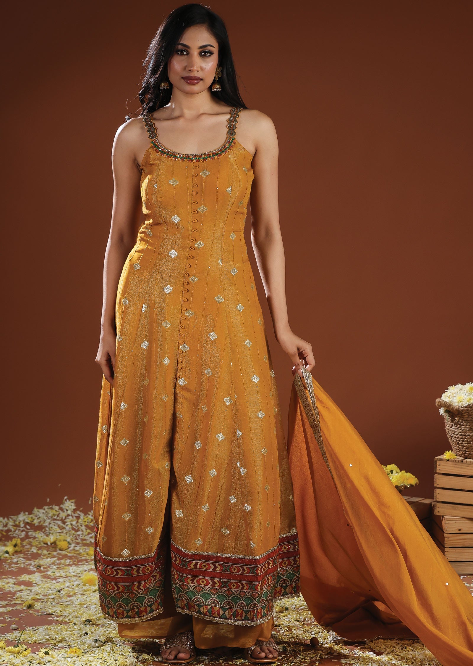 Mustard Tissue Silk & Chinon Anarkali Suit