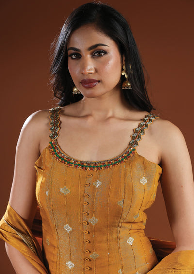 Mustard Tissue Silk & Chinon Anarkali Suit